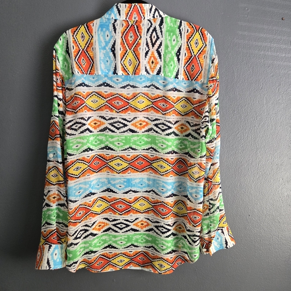 Jones New York Southwestern Aztec Print Roll Tab Sleeve Sheer Blouse 1X - Picture 4 of 6